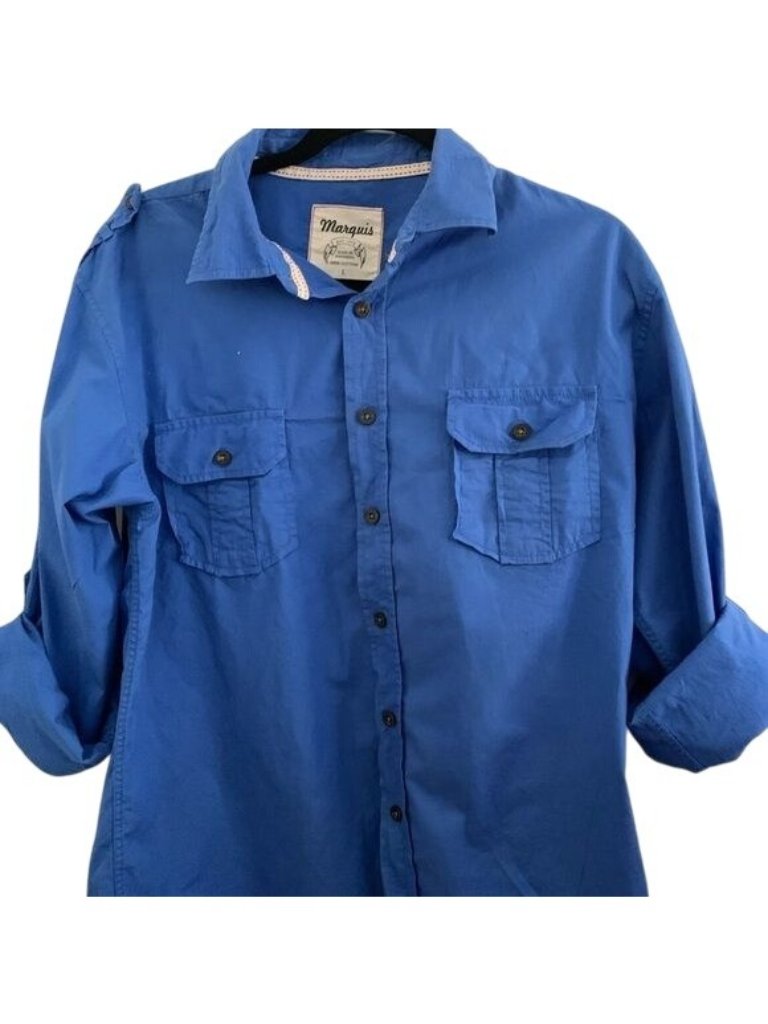 Mens Marquis Blue Button-Up Shirt With Pockets Long Sleeve Casual Lightweight 10